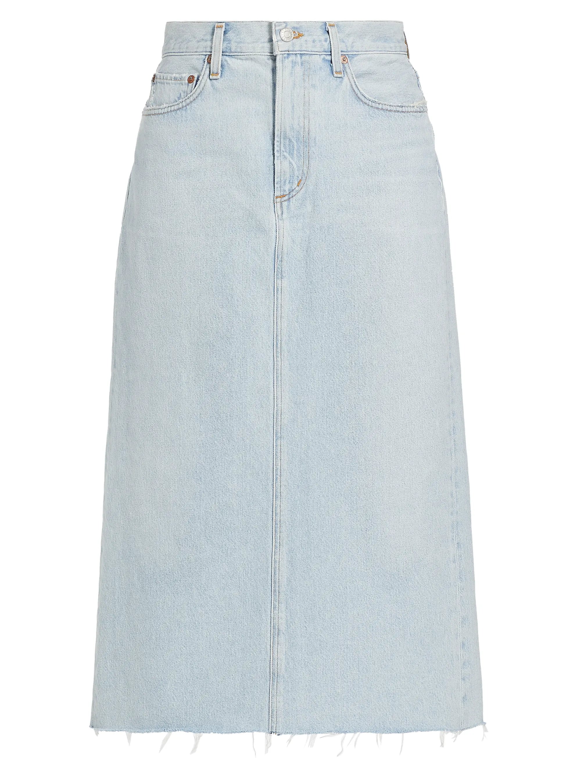 Light blue denim skirt on a white background