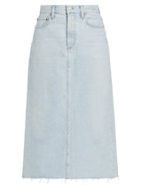 Light blue denim skirt on a white background
