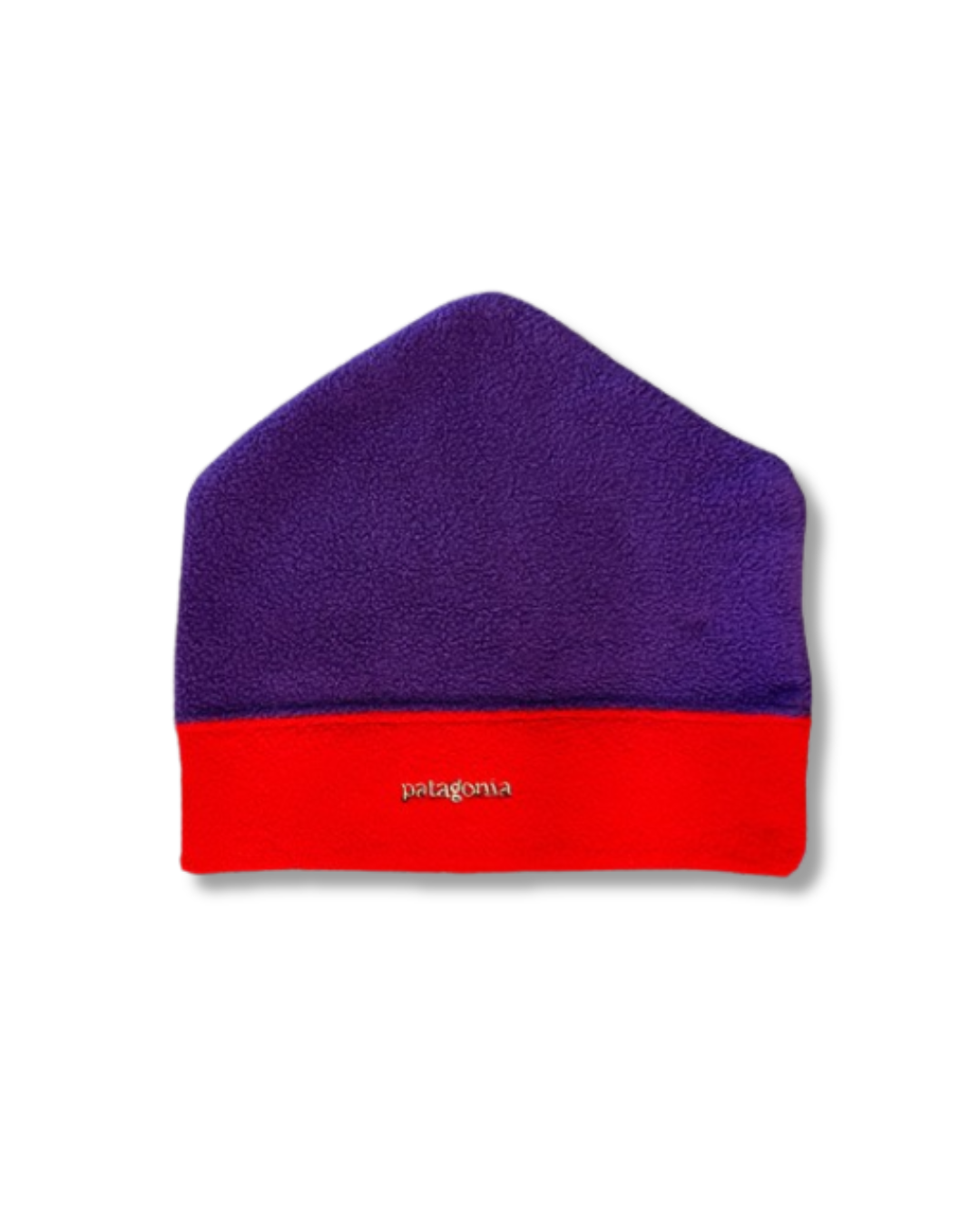 Purple and red beanie with Patagonia logo on a white background