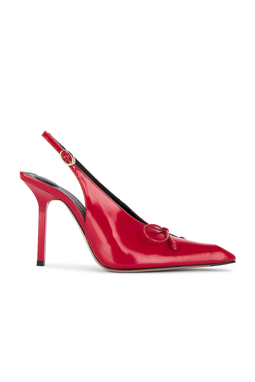 Red high-heeled shoe with a slingback design on a white background