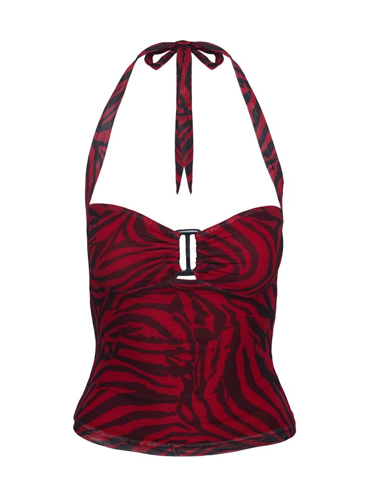 Red and black patterned halter top on a white background