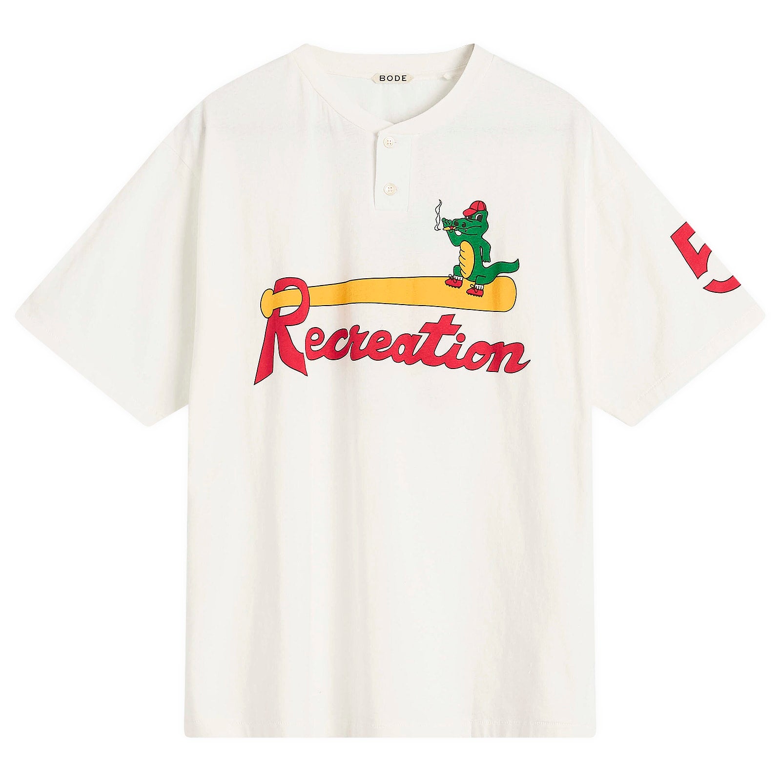 An off-white short-sleeve henley t-shirt featuring a colorful graphic on the chest of a green alligator wearing a red cap and holding a beer, standing on a yellow barrel above the word 'Recreation' in red script. The brand name 'BOOE' is printed inside the collar, and a red '5' is printed on the sleeve.