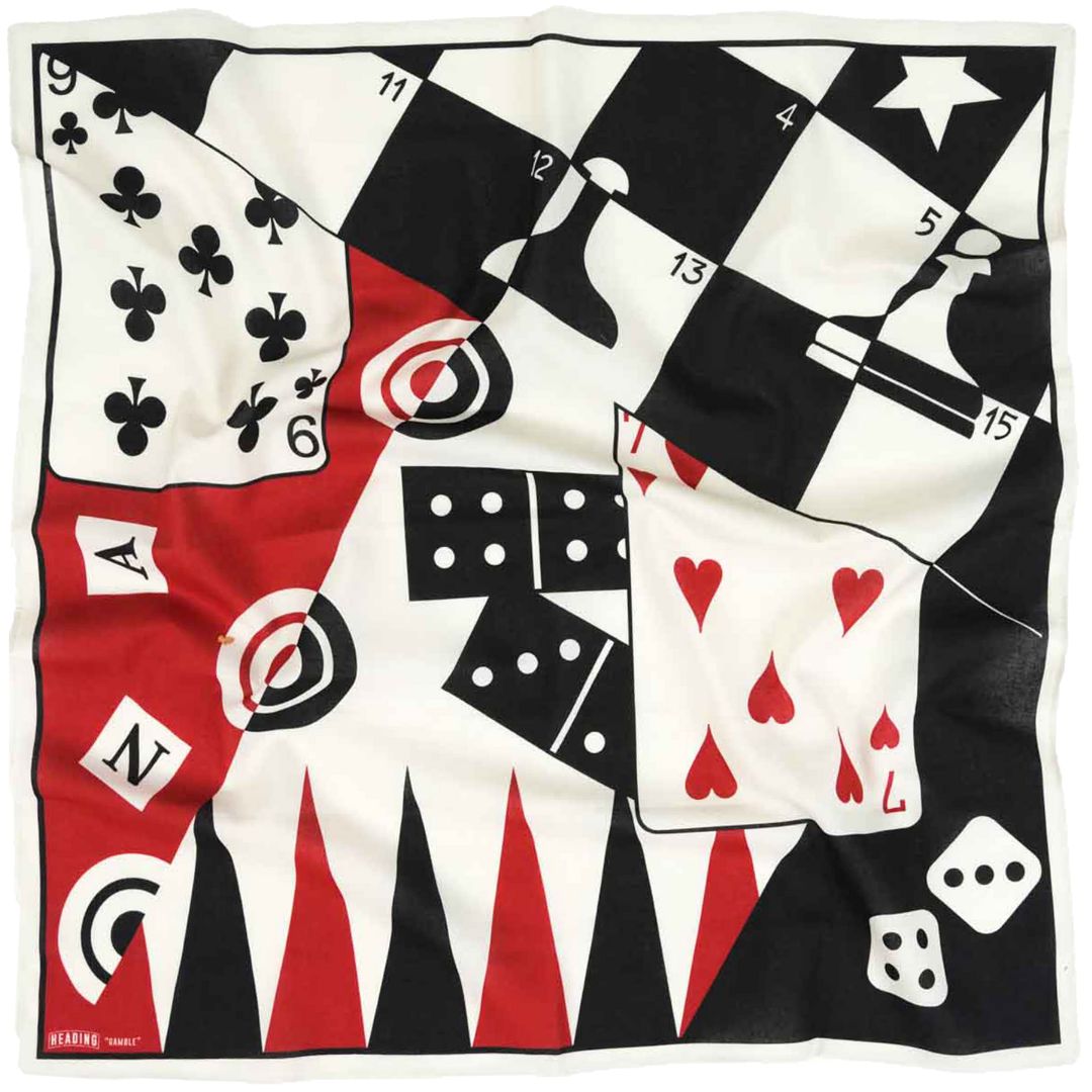 A square scarf featuring a bold retro game-inspired design with black and white checkers, red backtick triangles, playing cards, dice, and club and heart suits. The brand name 'MARKE' is visible in the bottom-left corner.