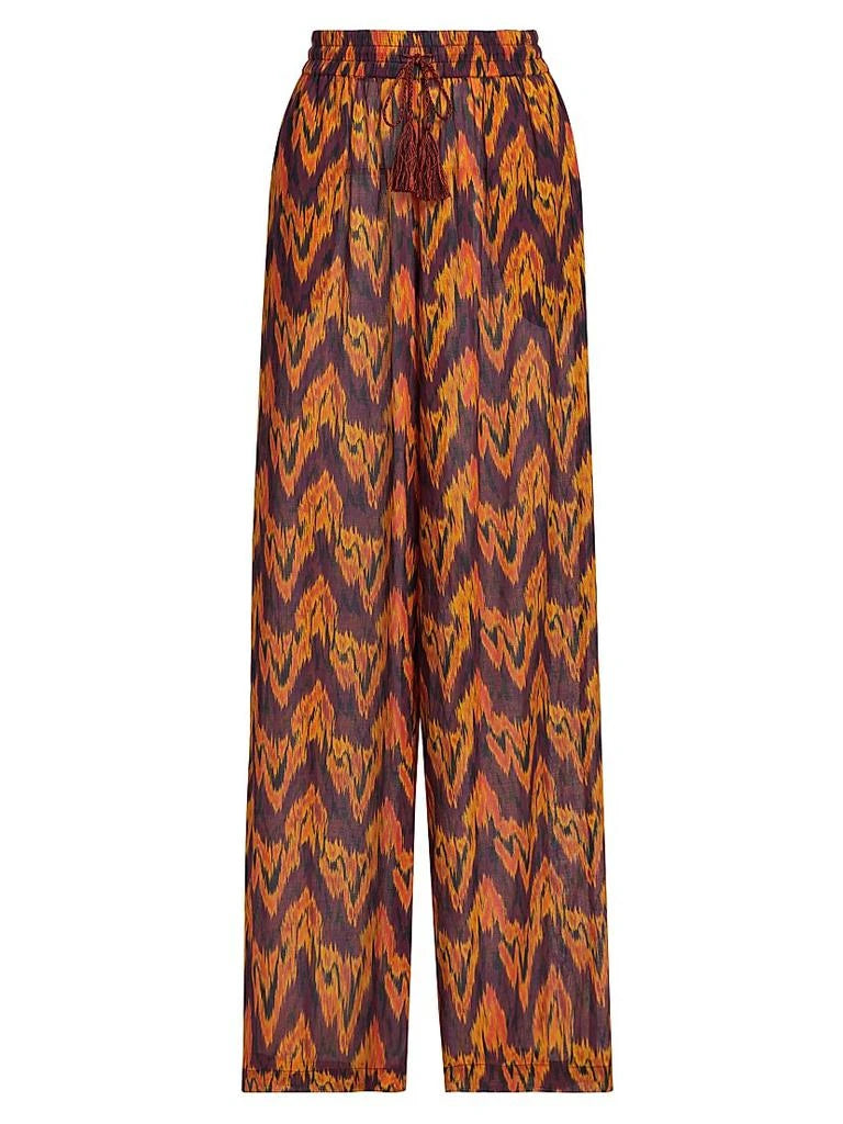 Trousers with a zigzag pattern in orange and purple on a white background