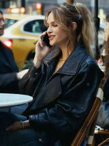 Abigail Reese wearing black Saint Laurent oversized leather blouson in The Madison