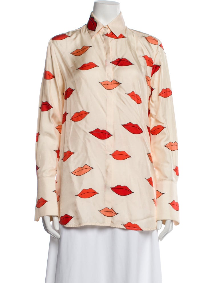 White Lip Print Silk Button-Up Shirt