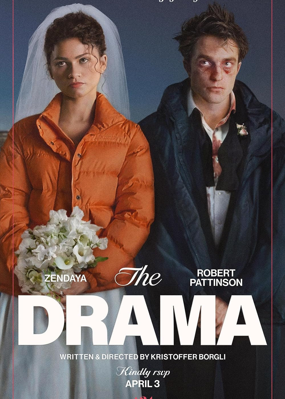 Promotional poster for a movie featuring two main characters in formal attire with text overlay.
