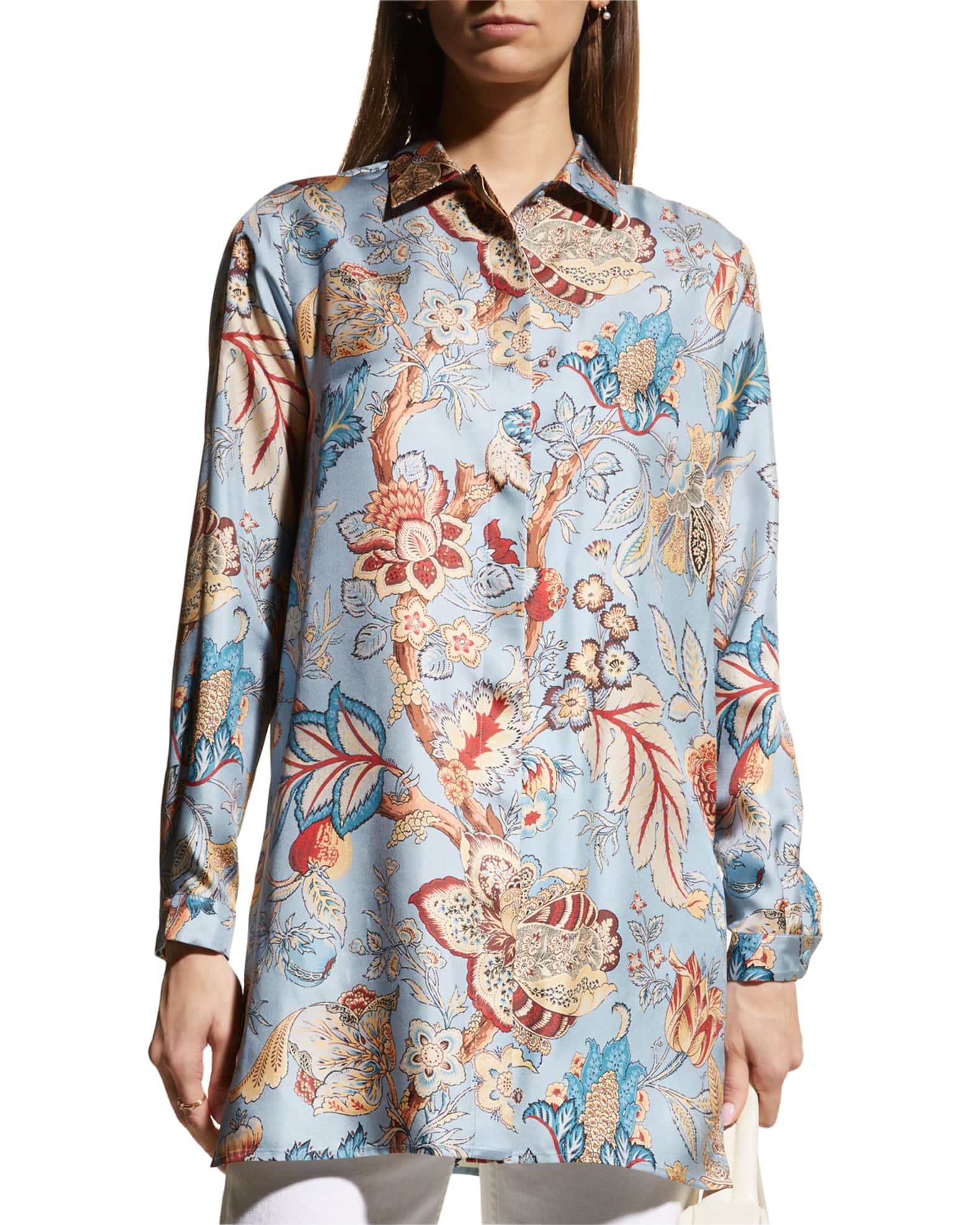 Blue Floral Silk Tunic Shirt