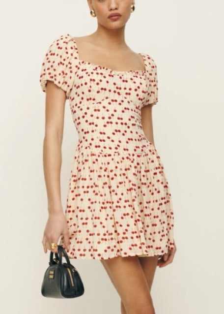 White Cherry Print Puff Sleeve Mini Dress