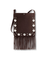 Brown leather crossbody bag with silver studs and fringes on a white background