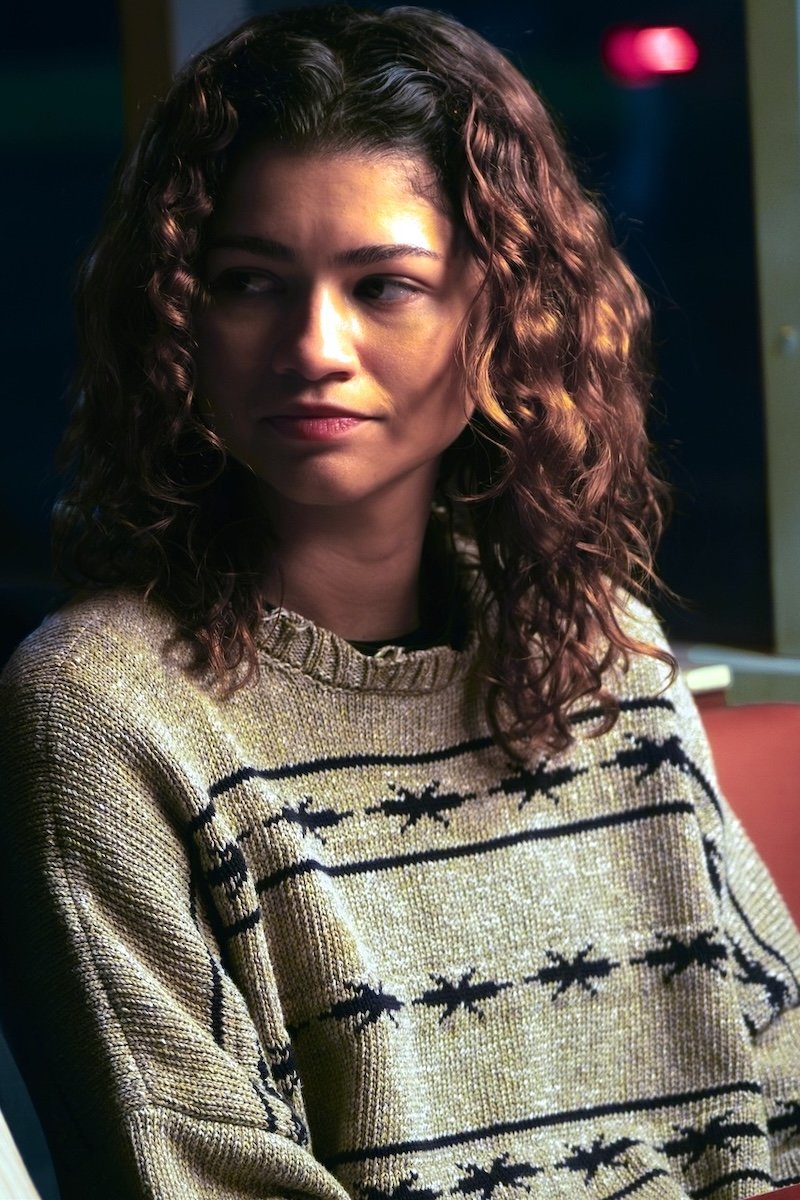Shop Rue Bennett's Grey Printed Distressed Sweater from Euphoria Season 3 · Seek