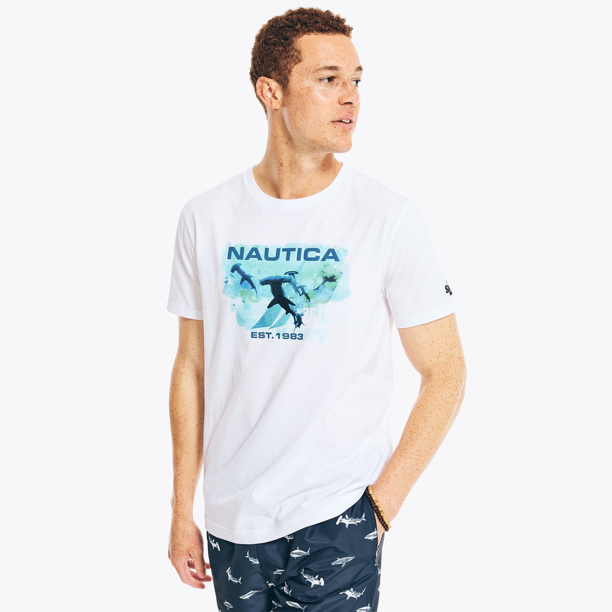 NAUTICA X Shark Week SUSTAINABLY CRAFTED SHARK GRAPHIC FRONT T-SHIRT IN WHITE