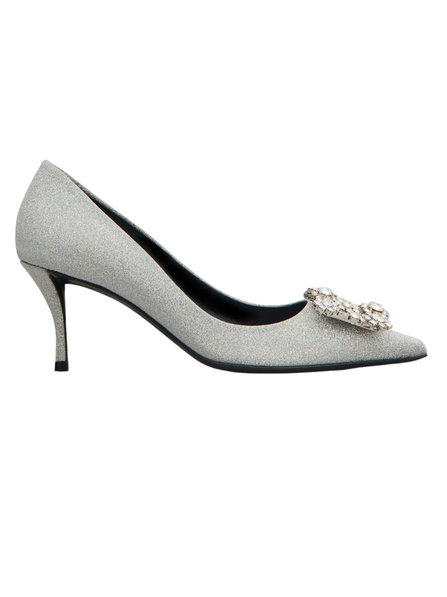 Embellished Flower Strass Buckle Pumps in Silver Fabric