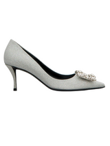 Embellished Flower Strass Buckle Pumps in Silver Fabric