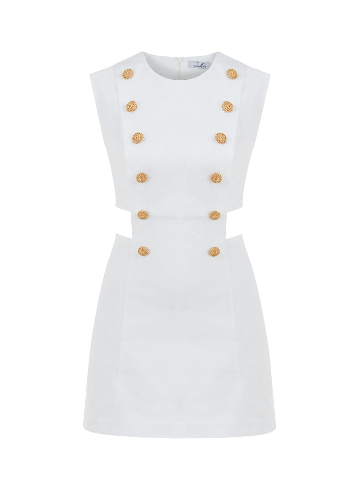 The White Lotus Marin Mini Dress with Gold Buttons