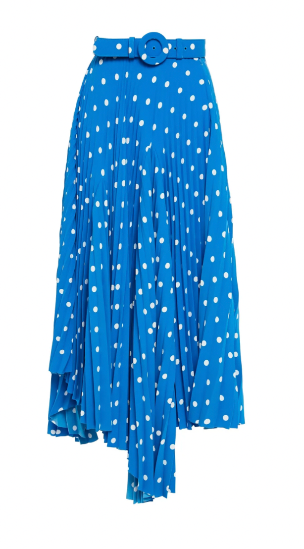 Asymmetric belted pleated polka-dot crepe midi skirt