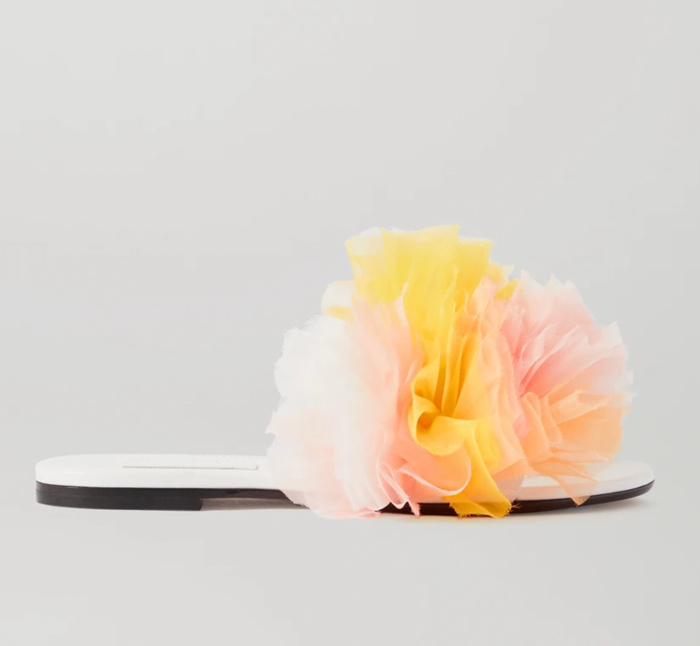 Organza Ruffle Pom Pom Tulle and Leather Slides in Pink, Yellow and White