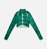 Qi Pao Green Stripe Top with Mock Neck and Cutouts