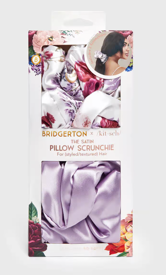 Bridgerton x Kitsch Satin Pillow Scrunchies IN Floral Multi and Purple