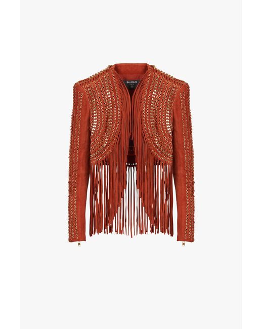 Balmain x Netflix - Terracotta and golden suede cropped spencer jacket with fringe