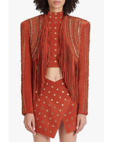 Balmain x Netflix - Terracotta and golden suede cropped spencer jacket with fringe