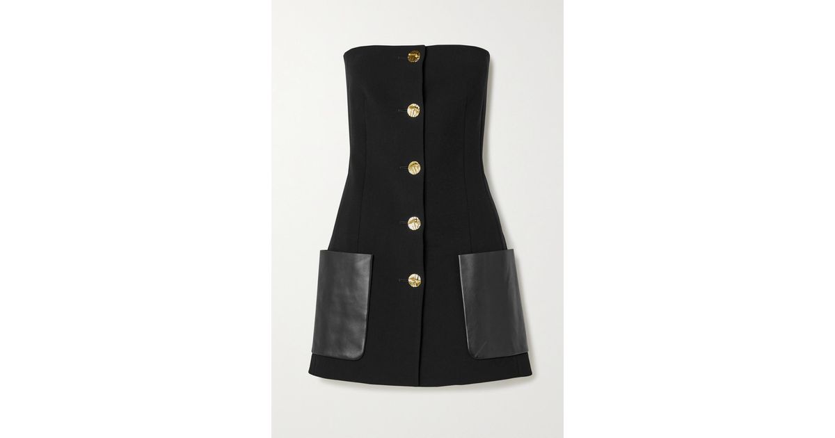 Strapless Leather trimmed Wool blend Crepe Top in Black with Gold Buttons