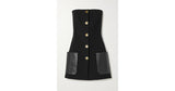 Strapless Leather trimmed Wool blend Crepe Top in Black with Gold Buttons