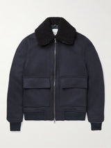 Faux Shearling-Trimmed Lambswool and Cashmere-Blend Bomber Jacket in Navy / Black