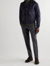 Faux Shearling-Trimmed Lambswool and Cashmere-Blend Bomber Jacket in Navy / Black